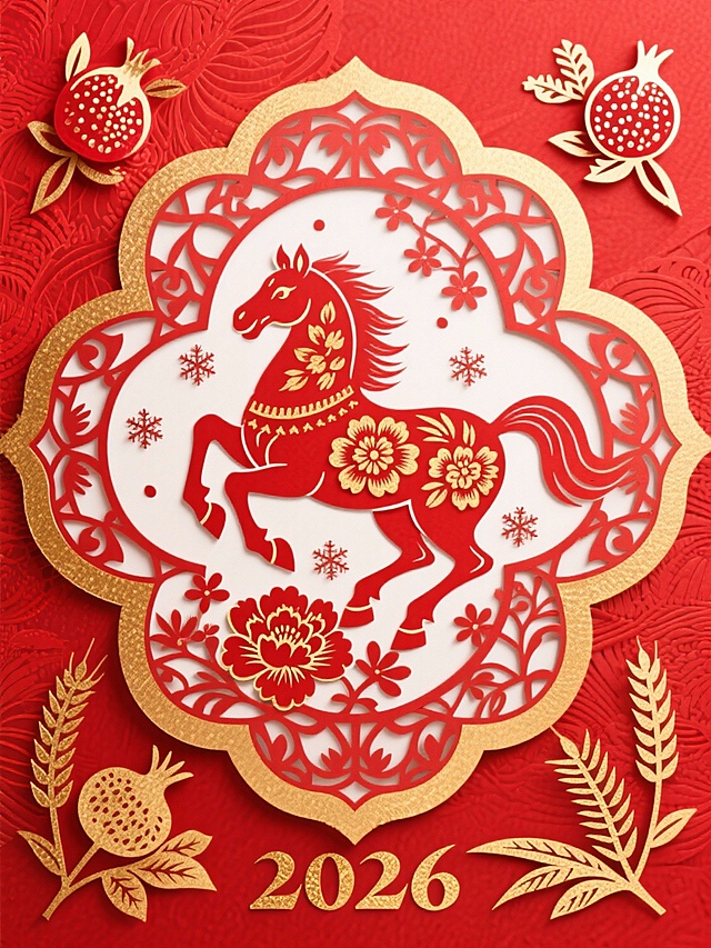 主体是红色踏花奔马（搭配牡丹花纹，蹄边花瓣飞舞），位于传统宝相花边框中央，四角装饰石榴、麦穗等吉祥元素，融入烫金质感细节。背景为有纹理的正红色，下方点缀金色 “2026” 字样，整体呈现唯美、喜庆的牡丹花园场景。