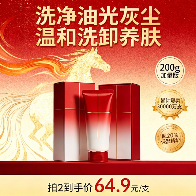 电商促销海报，背景是细腻的红色浅金色渐变纹理（从上到下），搭配金色流动光效与火焰状线条抽象马形剪影营造热烈氛围；

主体在画面中间，主体在台面上；

右侧标注 “200g 加量版” 圆形金色线条标签；搭配 “累计爆卖 3000 万支”金色徽章和“超 20% 保湿精华” 金色徽章；

画面顶部主标题为加粗金色大字 ：“洗净油光灰尘  温和洗卸养肤”；

底部浅黄色促销横栏 “拍 2 到手价 64.9 元 / 支”促销信息；

整体融合现代美妆视觉与中式喜庆氛围，色彩高饱和且层次分明，兼具商业促销感与高端质感。