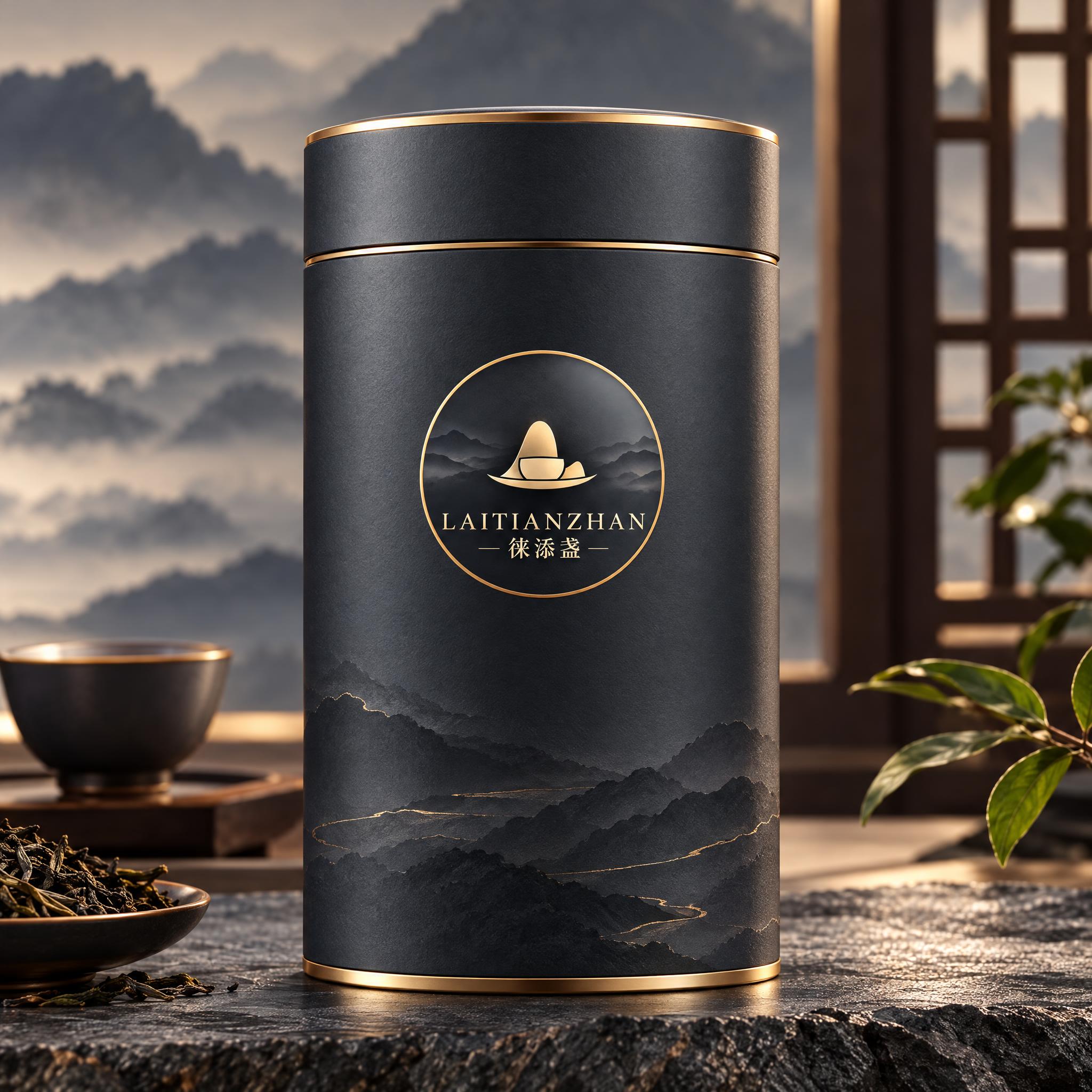 徕添盏茶品牌茶叶罐包装设计模板。新中式高端风格，圆柱形茶叶罐，… - 图片创意预览