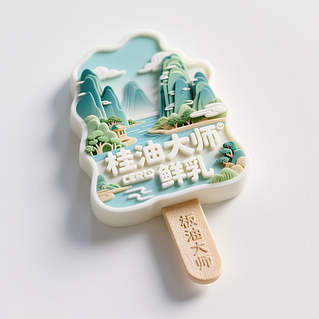文创雪糕，画面主体为桂林山水立体场景，不规则雪糕造型，文字“桂林 鲜乳”合理排版，单一配色，冰棒棍上印刻着“板油大师”
