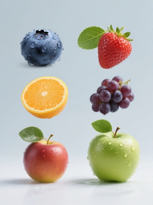 超写实主义风格水果系列海报，纯色背景，高清晰摄影质感，画面中规整排布六个单独呈现的新鲜水果：蓝莓（表面布满晶莹剔透水珠，带自然叶脉纹理的鲜亮绿叶）、草莓、橙子、葡萄、苹果、柠檬，每个水果均有清晰水珠细节与鲜亮绿叶，柔和侧光突出水果立体感和新鲜感，整体设计简洁大方，信息传达高效，适合生鲜食品宣传的系列素材集合。预览效果