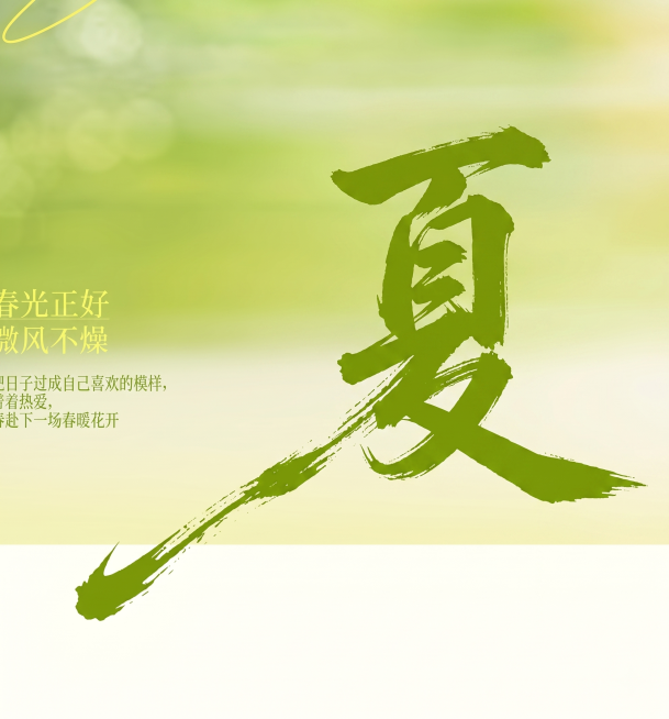 参考这张图的风格，将大字“春”替换为“夏”，保留原有的绿色毛笔书法笔触风格，保留模糊绿色渐变背景和浅色文案文字，只替换主文字为夏字，保持整体构图和色调不变。主文字夏字为绿色，毛笔书法风格，笔触带有飞白预览效果