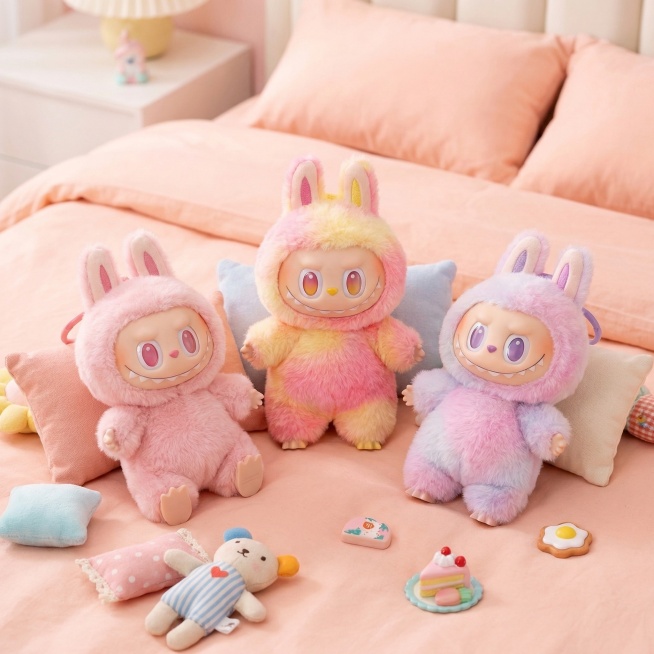 可爱治愈风拼多多电商主图，主体为拉布布三代毛绒挂件，放置在水蜜桃粉色的卧室床上背景上，周围摆放着迷你小抱枕和小毛绒玩具，玩偶主体完整清晰突出占画面60%以上，无任何价格文案，画面明亮柔和，适配拼多多平预览效果