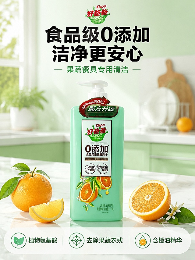 [第1屏] 详情页头图-好爸爸0添加食品用果蔬餐具净产品宣传海报。本屏使用【图1】作为商品主体。  
[氛围/风格] 清新干净家居风，浅绿厨房背景，明亮通透，商业摄影质感。
[元素布局] 产品置于画面中心偏上位置，占比约65%-70%；下方预留标题和卖点区域，背景搭配简约大理石台面和新鲜橙子切片点缀；产品形状、结构、颜色和包装文字与输入商品图保持一致。  
[光影质感] 顶部柔光照明，底部自然投影，瓶身泵头保留清晰高光，整体干净明亮。  
[配色色系] 全局底色 #F2F9F4；主色清新薄荷绿；辅助色橙黄、白色点缀。
[视角构图] 正面平视，产品为绝对视觉中心，阅读动线从上到下自然流畅。  
[文字版式] 版式为顶标题 + 中心产品 + 底部信息条。主标题「食品级0添加 洁净更安心」，副标题「果蔬餐具专用清洁」，加粗黑体居中；底部信息条展示三大核心卖点「植物氨基酸 | 去除果蔬农残 | 含橙油精华」，文字不遮挡产品主体。  
[比例分辨率] 3:4 纵向比例，4K分辨率，文字清晰可辨，高清画质。
[负向提示词] 瓶身变形，包装文字错乱，颜色偏差，缺件错件，水印，背景杂乱，文字过小，文字模糊。