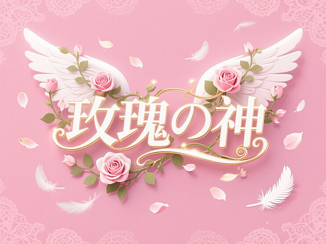 立体3D风格，鎏金包边的白色“玫瑰の神“，文字背后是一对巨大的天使翅膀，文字和翅膀被一个玫瑰藤曼包裹着。装饰：无数玫瑰花瓣和羽毛（飞舞在画面中，动感），（背景无缝图案：粉色蕾丝）。柔光加持，辉光加持