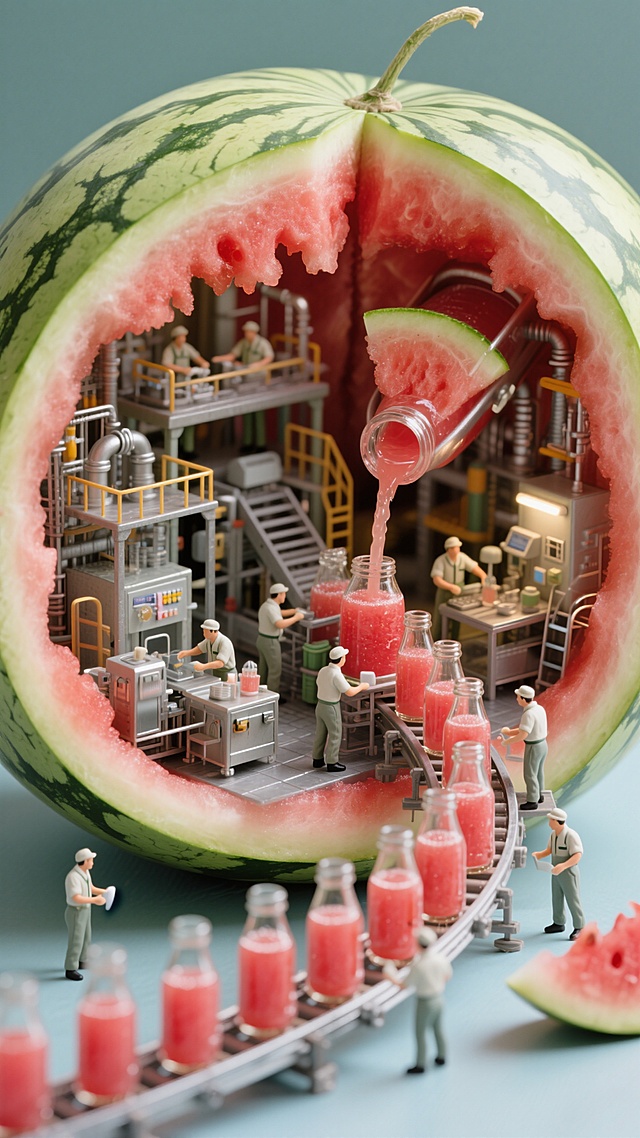 一个巨大的西瓜，切开一半，露出里面有一个微型工厂，工厂生产线正在生产西瓜汁，工人们正在忙碌，生产线延伸出来，源源不断的玻璃瓶西瓜汁运出