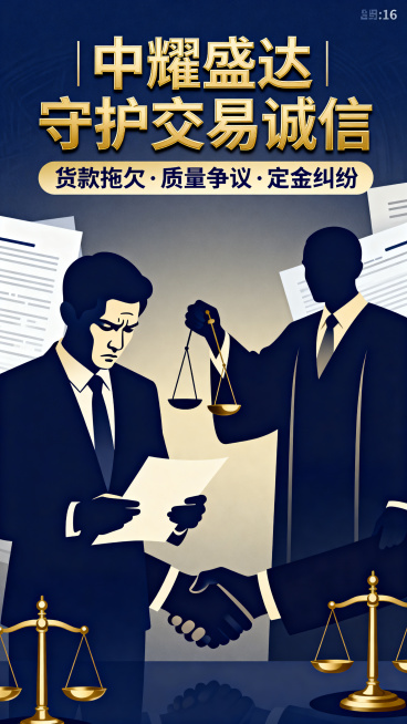 设计一张9:16的买卖交易法律服务宣传海报，图文结合。主标题文字"中耀盛达 | 守护交易诚信"，副标题文字"货款拖欠·质量争议·定金纠纷"，画面体现买卖交易中的货款矛盾和争议，专业诚信的法律风格，深蓝预览效果