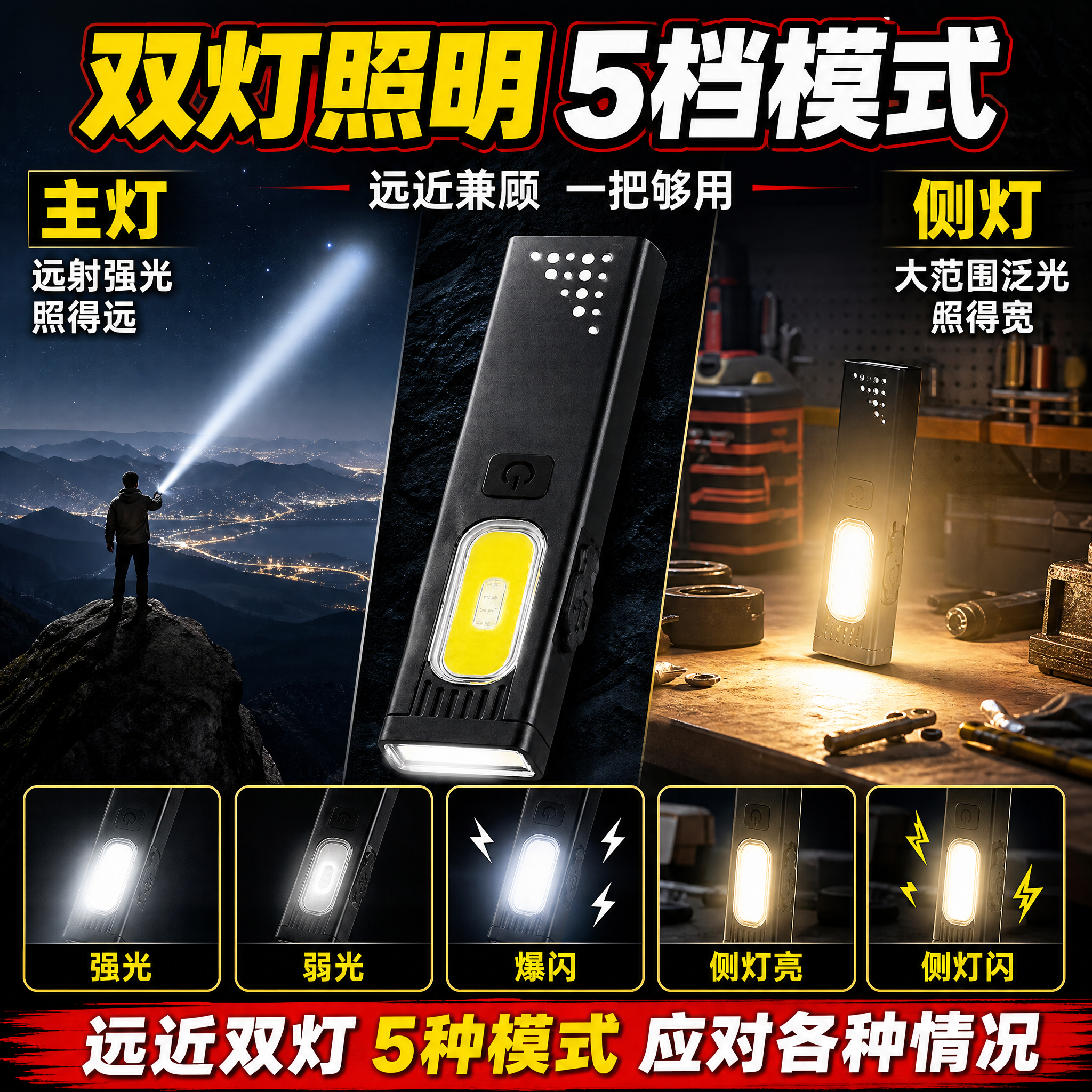 [主图-3] 双灯照明+5档模式功能图，主题为主灯远射+侧灯泛… - 图片创意预览