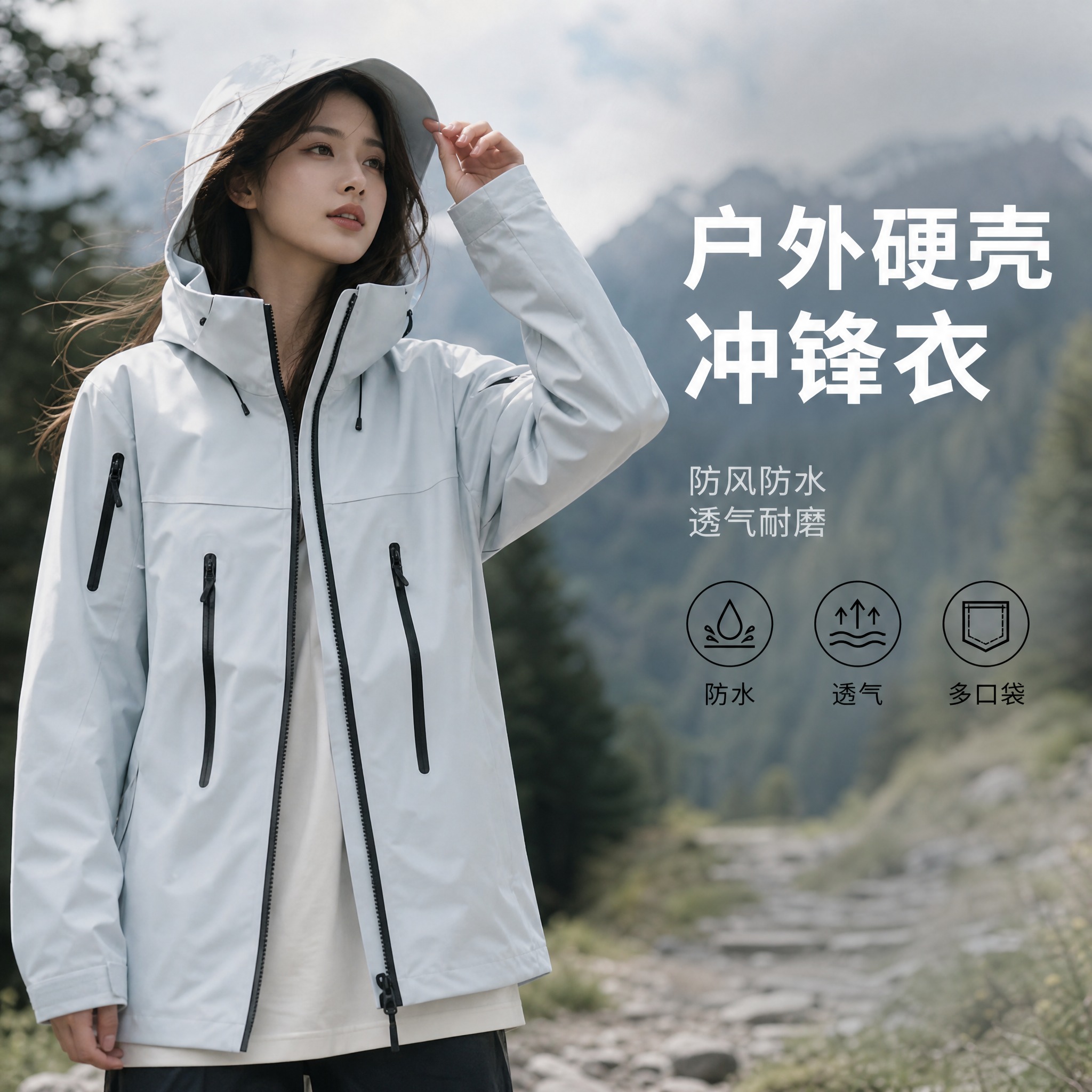[主图-1] 浅冰蓝色户外冲锋衣 核心卖点首图 [统一基调]… - 图片创意预览