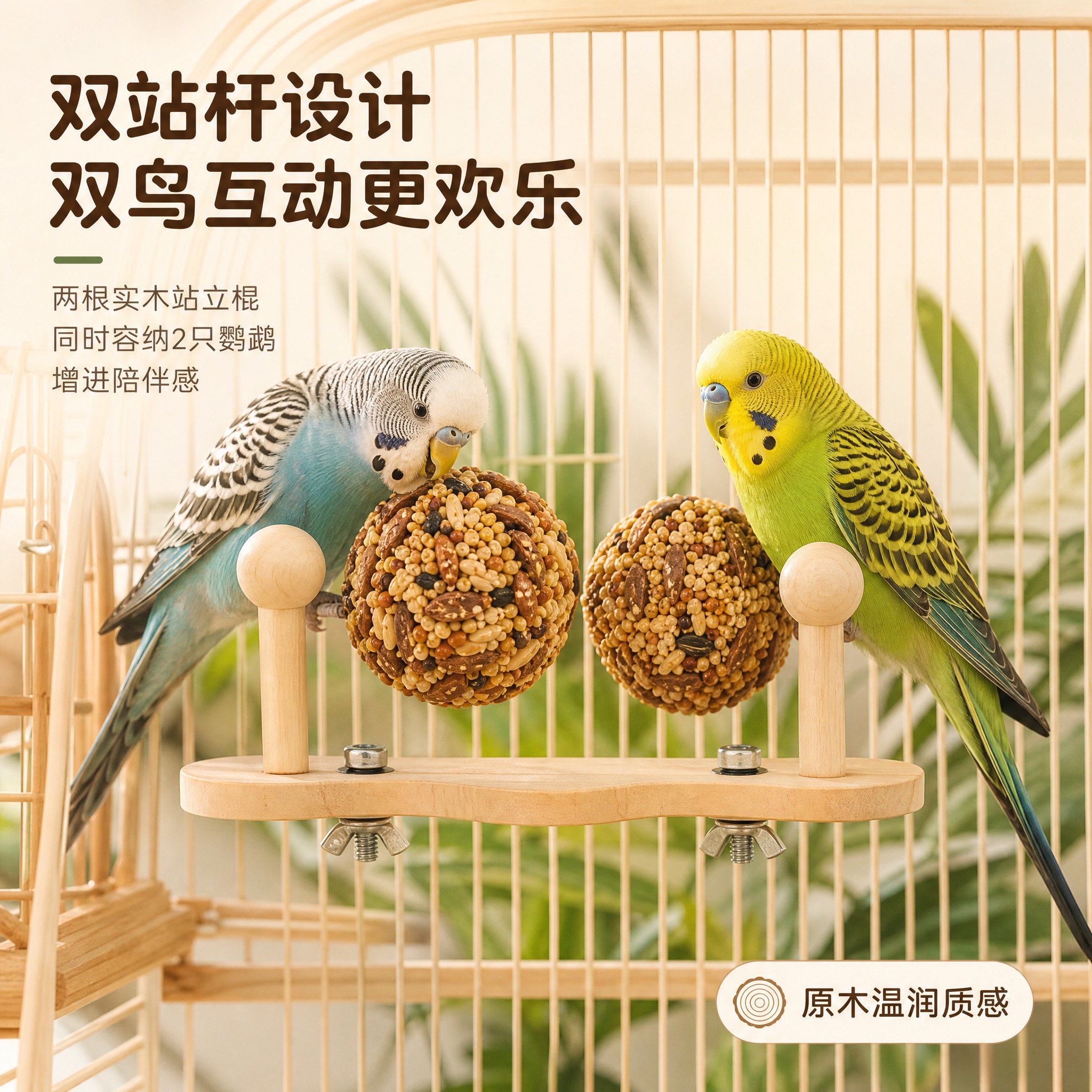 [主图-3] 双站杆设计卖点图，展示两只鹦鹉互动玩耍的陪伴场景… - 图片创意预览