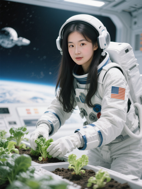 女生在太空种蔬菜，穿着宇航服，戴着护具，高清人像摄影，虚实结合，画面氛围渲染预览效果