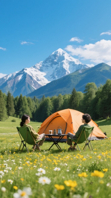 超写实摄影风格，明亮通透的户外露营场景，背景是巍峨壮丽的雪山，山顶覆盖着皑皑白雪，山体呈深蓝色，天空湛蓝澄澈飘着少量白云。前景是一片绿意盎然的草地，点缀着黄色和白色的野花，中景有茂密的绿色树林。画面中央有两个人相对坐在绿色折叠椅上，中间是一张黑色小桌，桌上放着咖啡杯和水壶等露营用品，他们身后是橙色的帐篷。整体色彩清新自然，光影柔和，阳光明媚，营造出宁静惬意、放松舒适的氛围，构图采用三分法，雪山……预览效果
