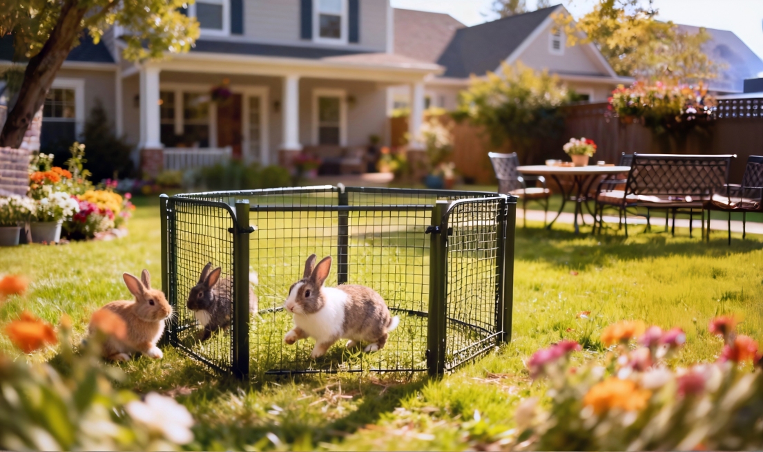 美式庭院场景，中央放置小宠围栏，围栏内几只兔子正在玩耍，背景是美式风格的建筑物并适当虚化，庭院中有草坪、花卉和休闲桌椅，阳光明媚，整体氛围温馨自然预览效果