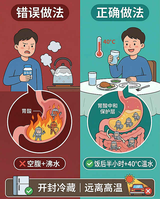修改这张益生菌科普对比插图，修正文字错误和逻辑：将左上角错误标题“错误练习”改为“错误做法”，右上角标题“正确练习”改为“正确做法”，将胃部错误文字“胃酸中伫 守护肤层”修正为“胃酸中和 保护层”，保持整体构图、扁平化风格和所有元素位置不变，只修改文字内容让逻辑更贴合科普主题