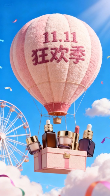 一个带有主体配色的大型热气球，吊篮为礼盒样式，礼盒里放着图中所有物品，气球上绣着“11.11 狂欢季”，背景展示高饱和蓝天、摩天轮、云朵、彩带等元素，营造出活泼、精致的氛围。预览效果