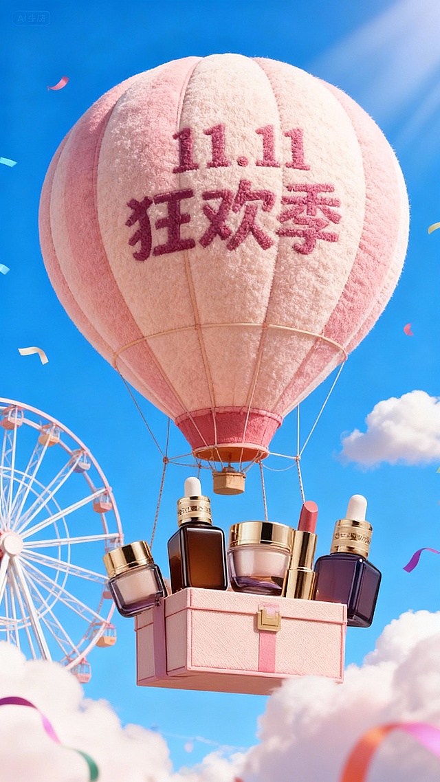 一个带有主体配色的大型热气球，吊篮为礼盒样式，礼盒里放着图中所有物品，气球上绣着“11.11 狂欢季”，背景展示高饱和蓝天、摩天轮、云朵、彩带等元素，营造出活泼、精致的氛围。