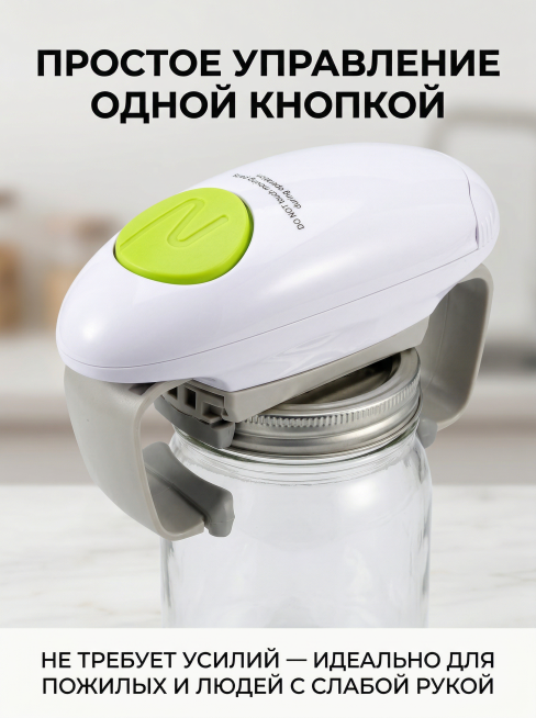 严格还原上传的电动开罐器产品图，包括白色高光塑料机身、亮绿色 Z 形启动按钮、浅灰色磨砂质感内外夹爪、机身文字标识、电池仓结构等所有细节，产品外观必须与参考图完全一致，不得改变配色方案、结构设计或品牌预览效果