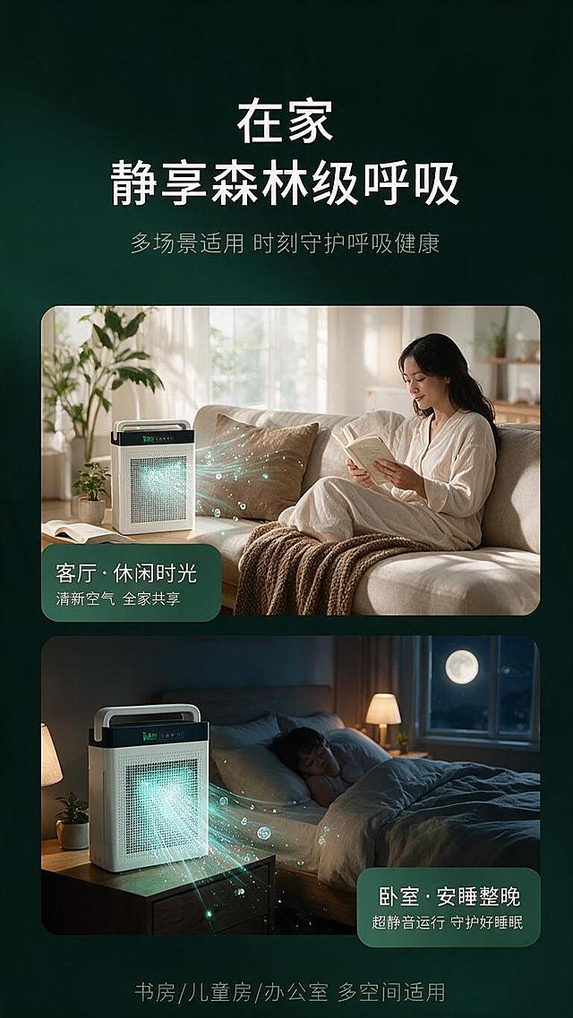[商品] 使用【图1】氧森然负氧离子机；保留白色方形机身、顶部黑色面板、"氧森然 roborion"绿色Logo、"负氧离子机"白色字样、顶部提手、正面网格出风网孔结构、整体比例和材质；真实功能方向为从正面网格释放负氧离子。
[画面] 页面目标：真实居家使用场景，体现生活方式与适用场景。构图：上下双场景拼图，上图现代简约客厅场景（产品放在边几上，一位亚洲女性坐在沙发上阅读放松，负氧离子光效在空气中弥漫；下图卧室夜景场景（产品放在床头柜上，人物安睡，柔和月光）；阅读动线：顶部标题→上场景→下场景。
[视觉] 套系策略：风格=森林自然+科技健康家电商业摄影；标题字=现代无衬线粗黑体；正文字=简洁无衬线体；主色=深墨绿/森林绿；背景延展=基于深墨绿做深浅层级、同色渐变和森林自然光影质感；强调色=荧光薄荷绿，仅用于负氧离子光效和小标签；标题色=白色；正文色=浅灰绿；组件=圆角场景卡、场景标签；光影=自然光+柔和室内暖光+负氧离子微光。
[文字] 顶部主标题"在家 静享森林级呼吸"，副标题"多场景适用 时刻守护呼吸健康"；上图标签："客厅·休闲时光" 清新空气 全家共享；下图标签："卧室·安睡整晚" 超静音运行 守护好睡眠。底部小字"书房/儿童房/办公室 多空间适用"。
[规格] 图片比例9:16竖版，1K分辨率，避免变形、错字、文字过小、冷蓝/蓝灰背景、产品颜色改变、结构失真、极限词、医疗功效承诺。