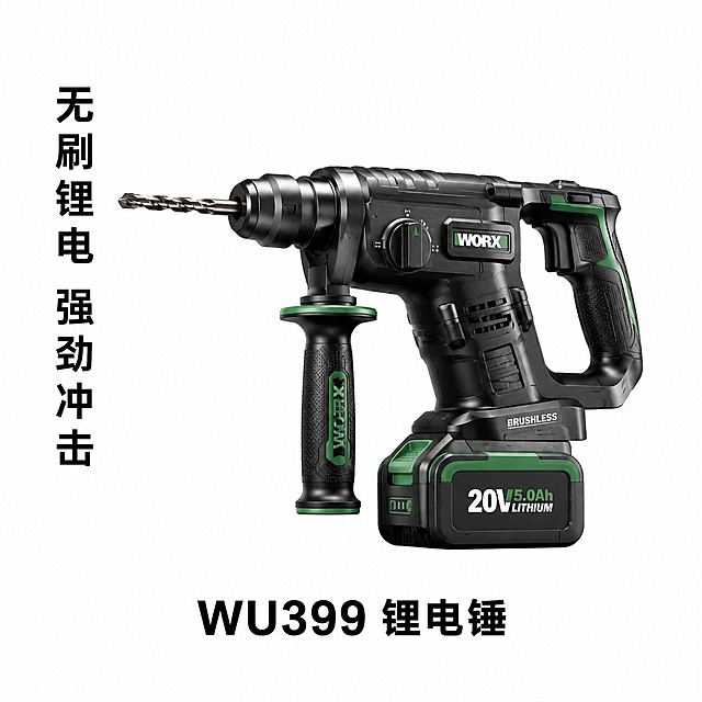 电商产品主图，纯白色背景，画面中央展示一台锂电锤电动工具，无刷电机，底部带锂电池包，金属钻头和夹头清晰可见，产品主体颜色为黑色搭配深绿色装饰件，包胶握柄纹理真实，机身有品牌标识细节，整体质感硬朗专业，工业风。产品占画面比例约百分之六十，居中偏上放置，视觉冲击力强。产品正下方居中位置放置产品名称文字，内容为"WU399 锂电锤"，黑色粗体无衬线字体，字号适中清晰可读，字母和数字准确无误。产品左侧竖向排列八个汉字的卖点文案，内容为"无刷锂电 强劲冲击"，黑色字体，竖排排版，与产品保持适当距离不遮挡主体，文字清晰可读无错乱。商业摄影质感，影棚打光，光线均匀明亮，边缘高光清晰，产品立体感强，画面干净高级，无多余装饰元素。正方形一比一构图。