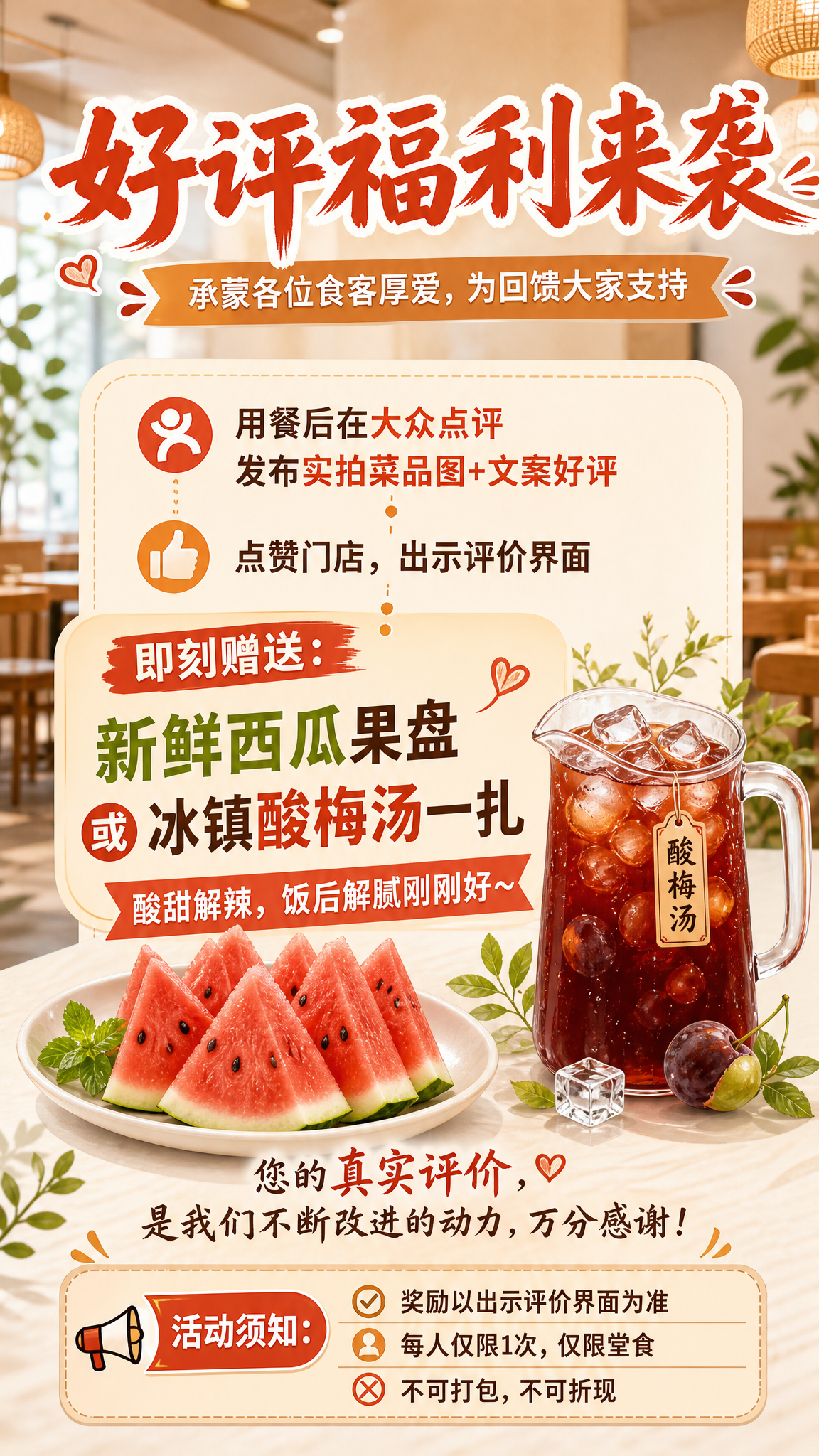 竖版餐饮好评福利活动海报，暖色调温馨风格，背景为简约现代餐厅氛… - 图片创意预览