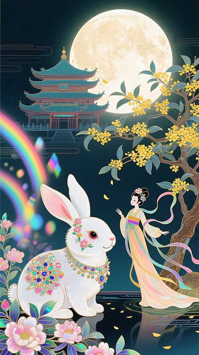 中式风格，巨大的玉兔，嫦娥小小一只，衣炔翻飞，花钿工艺，有桂树，桂花，圆月，前景放花朵，背景是天宫