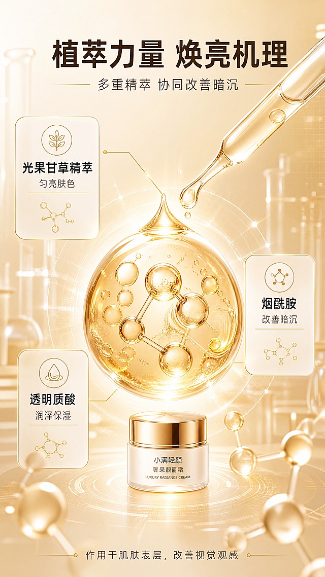 [商品] 成分机理专页，以成分配方可视化为主，无需强制垫产品图；产品为【图1】小满轻颜奢采靓丽霜，功效方向为改善暗沉、匀亮肤色、舒缓肌肤观感。
[画面] 目标：成分与功效机理可视化，大尺度展示核心成分与作用链路。构图：中央大尺寸3D分子/精华液滴主视觉，占画面50%以上；周围环绕3组成分功效卡片，底部放1瓶缩小的产品作为呼应。前中后景：前景悬浮分子结构和精华水珠，中景大液滴+成分名称，后景暖金色渐变+实验室玻璃器皿剪影。
[视觉] 套系策略：风格=光亮清透专业院线商业摄影；标题字=现代简约粗黑体；正文字=纤细无衬线体；主色=暖橙金+奶杏白；背景延展=暖金色深浅渐变背景，叠加科技感网格线和透明分子结构，营造科研专业感；强调色=浅金，用于分子高光、引线、图标；标题色=深暖棕；正文色=中暖灰；组件=半透明圆角成分卡、细金线引线、分子结构图标；光影=中心发光效果，四周柔化，整体通透明亮。
[文字] 顶部主标题「植萃力量 焕亮机理」，副标题「多重精萃 协同改善暗沉」；3组成分功效点环绕分布：「光果甘草精萃 匀亮肤色」「烟酰胺 改善暗沉」「透明质酸 润泽保湿」；底部小字标注「作用于肌肤表层，改善视觉观感」；所有文字横向排版，字号手机端可读。
[规格] 图片比例9:16竖版，4K分辨率，负向提示：避免黑金奢华风格、避免背景模板重复、避免优惠信息、避免点斑/色斑/淡斑违规词、避免医疗功效承诺、避免文字竖排、避免成分元素过小点缀、避免冷蓝灰主色。