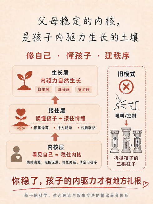 缩小开头主标题「父母稳定的内核，是孩子内驱力生长的土壤」的字号，更换为更轻盈柔和的字体，减轻整体压迫感，保持其他内容和排版不变预览效果