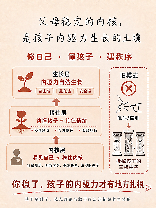 缩小开头主标题「父母稳定的内核，是孩子内驱力生长的土壤」的字号，更换为更轻盈柔和的字体，减轻整体压迫感，保持其他内容和排版不变