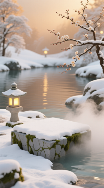 3D 虚拟自然环境，主体是浅灰石质展台（带青苔纹路），台面覆雪，旁侧冒温泉白汽。背景是雪覆温泉湖，湖面泛暖光，梅枝斜伸，石灯亮暖黄，浅棕 + 雪白配色，温润通透。预览效果