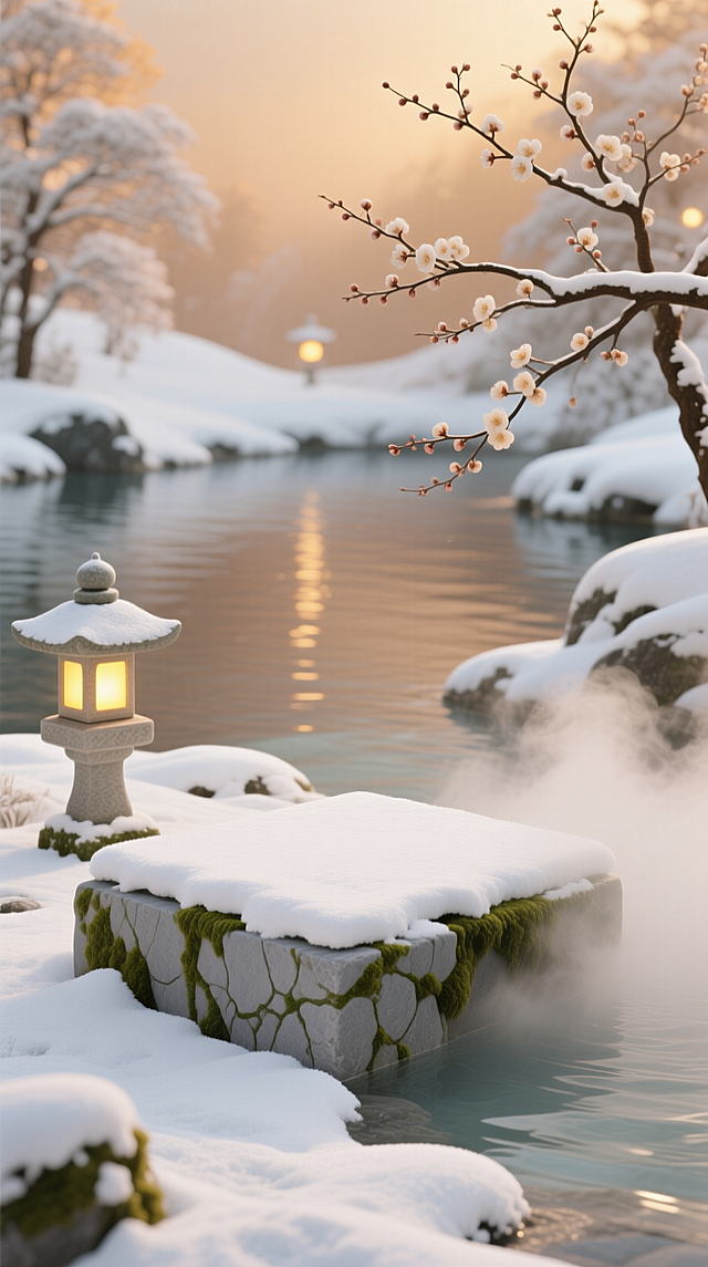 3D 虚拟自然环境，主体是浅灰石质展台（带青苔纹路），台面覆雪，旁侧冒温泉白汽。背景是雪覆温泉湖，湖面泛暖光，梅枝斜伸，石灯亮暖黄，浅棕 + 雪白配色，温润通透。