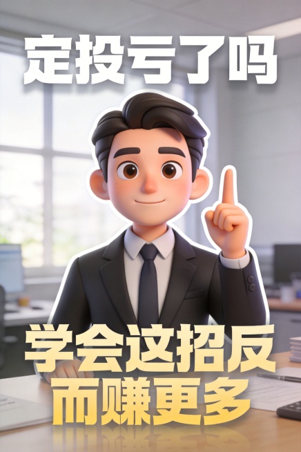 定投亏损理财分享，3D萌系风格金融男，职业白领西装正装，眼神真诚直视镜头，单手食指指向右上方，完整展示从头顶到胸部以上的半身像，头顶上方距离上边缘要有明显留白，人物占据画面中心，3D萌系，人物边缘添加预览效果
