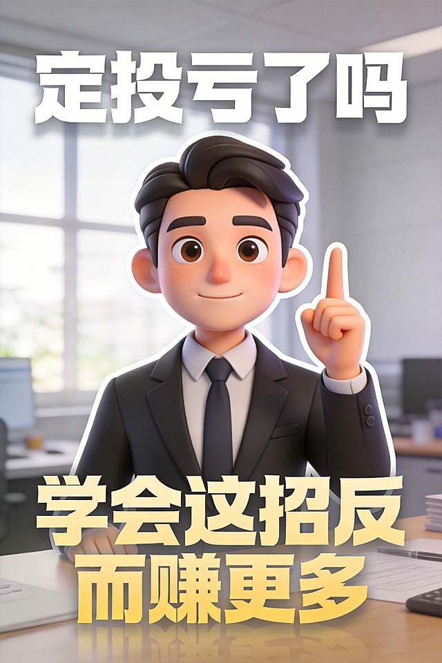 定投亏损理财分享，3D萌系风格金融男，职业白领西装正装，眼神真诚直视镜头，单手食指指向右上方，完整展示从头顶到胸部以上的半身像，头顶上方距离上边缘要有明显留白，人物占据画面中心，3D萌系，人物边缘添加白色细实线外描边，真实的实景背景，明亮明亮金融办公桌面场景，窗外有自然光射入，适当虚化处理，柔和均匀的漫射日光，整体画面亮调通透不昏暗，背景自然虚化不杂乱，真实生活化办公质感，光影自然真实，高清细腻，主标题："定投亏了吗，副标题："学会这招反而赚更多"，叠压构图，顶部区域：仅放置主标题居中显示，紧贴画面上端，超大字号，横向撑满版面，人物叠压构图，中部区域：仅放置人物胸部以上特写，占据视觉中心，底部区域：紧贴画面下端，一字排开放置副标题，大字号，强制横向撑满版面，主标题字体样式：白色超粗重磅无衬线粗体，笔画厚实饱满，边缘清晰锐利，视觉冲击力强，超大字号，文字后方带有淡淡的浅灰色柔和投影，投影紧贴文字，不偏移，不重影，不重影，严禁遮挡人物面部及主体，副标题字体样式：浅黄色超粗重磅无衬线粗体，大字号，文字后方带有淡淡的浅灰色柔和投影，投影紧贴文字，不偏移，不重影，严禁遮挡人物面部及主体，金融理财干货分享，负向提示：(禁止重复文字:1.4)，(禁止同一文字多次出现:1.4)，(无额外无关文字:1.4)，(文字乱码、变形、位置偏移:1.3)，(人体结构畸形、人物比例失调:1.3)，(肢体关节错位、手部畸形:1.3)，(五官错位、画面穿模:1.2)，(画质模糊、画面崩坏、低分辨率噪点:1.1)，画面比例：3:4。