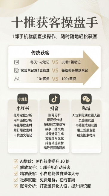 我需要一张简约风的产品介绍海报，风格高级质感风
产品叫十推获客操盘手
二、核心卖点一句话

1部手机就能直接操作
随时随地轻松获客
三、高效获客对比
10倍效率打破获客枷锁
传统获客VS AI获客
每预览效果