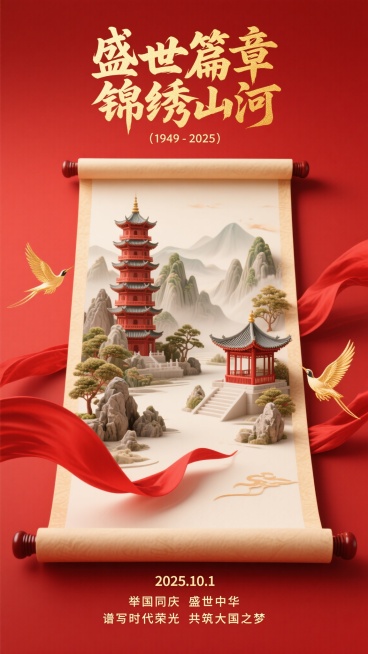 红色为主色调，洋溢喜庆氛围，上方有金色书法字体写就“盛世篇章 锦绣山河”，并标注“（1949 - 2025）”，中间展开的卷轴上呈现立体山水建筑景观，传统塔楼、亭子错落其间，树木山石点缀，细节丰富，红预览效果