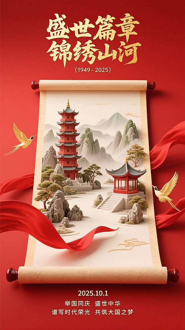 红色为主色调，洋溢喜庆氛围，上方有金色书法字体写就“盛世篇章 锦绣山河”，并标注“（1949 - 2025）”，中间展开的卷轴上呈现立体山水建筑景观，传统塔楼、亭子错落其间，树木山石点缀，细节丰富，红色绸带飘动，两只金色飞鸟翱翔，底部标注“2025.10.1”，搭配“举国同庆 盛世中华”“谱写时代荣光 共筑大国之梦”文字，融合传统元素与现代设计，东方美学，极简主义，极致构图，电影光线，极致像素，高清，HDR
