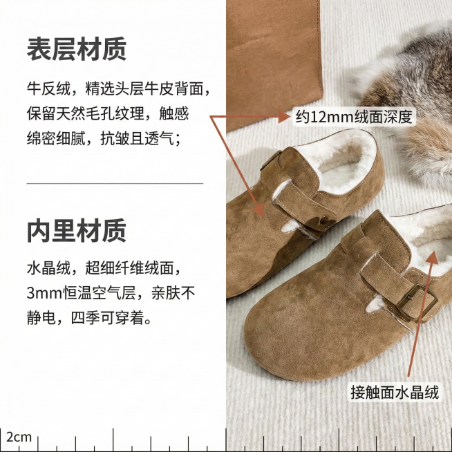 左区文案排版：

text
表层材质
牛反绒
精选头层牛皮背面
保留天然毛孔纹理
触感绵密细腻
抗皱且透气

（分隔线）

内里材质
水晶绒
超细纤维绒面
3mm恒温空气层
亲肤不静电
四季可穿着
字预览效果