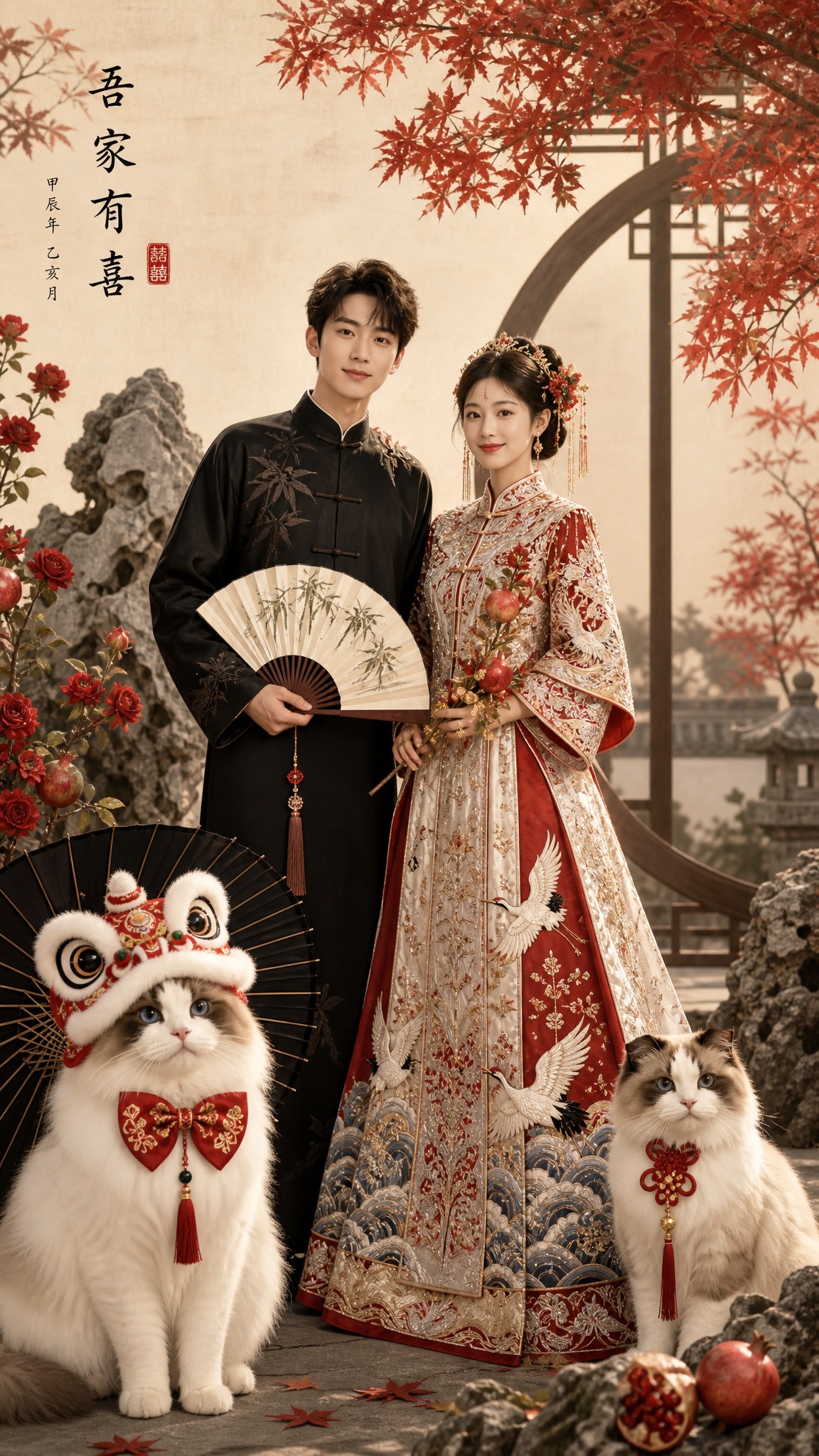 新中式国风婚纱摄影，一对新人，男士身穿黑色新中式长衫手持折扇，… - 图片创意预览