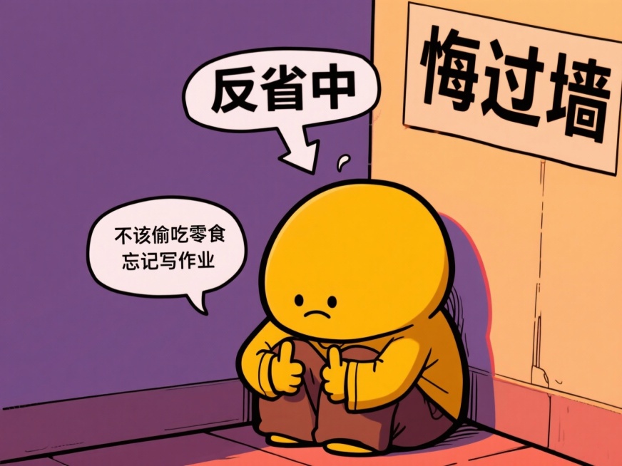 耷拉着脑袋的小人蹲在忏悔角，一边揪着衣角叹气，一边掰着手指头认真复盘自己做错的地方。预览效果