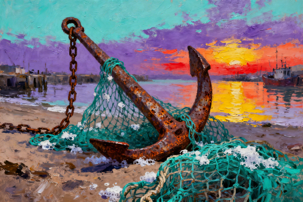 破晓时分的老旧渔港，生锈的船锚和青绿色渔网，冷暖对比色调，厚重的厚涂油画质感预览效果