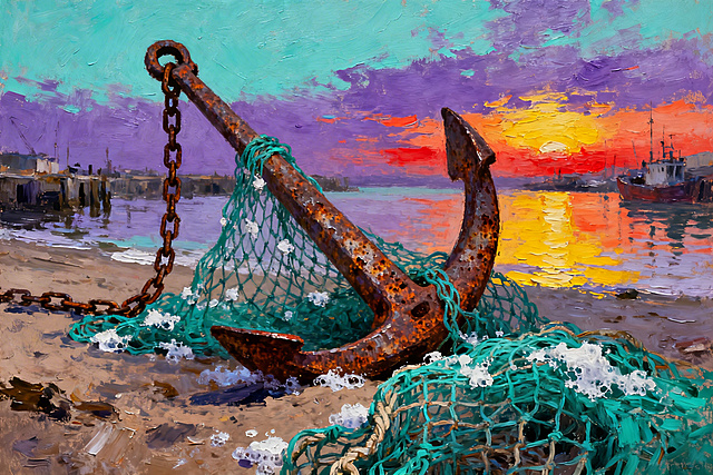 破晓时分的老旧渔港，生锈的船锚和青绿色渔网，冷暖对比色调，厚重的厚涂油画质感