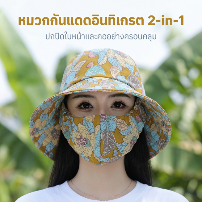 严格还原上传的产品图，包括姜黄色主体、灰蓝色植物印花、一体式连面罩结构等所有细节，产品尺寸帽檐宽约17cm，整体帽深20cm，面罩长度覆盖至下颌，尺寸比例1:1。东南亚清新户外高级视觉风格，杂志级精致预览效果