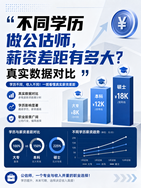 信息图表封面，标题是"不同学历做公估师，薪资差距有多大？真实数据对比"，现代简约商务风格，清晰的数据对比展示，职业薪资主题，搭配简约图表元素预览效果