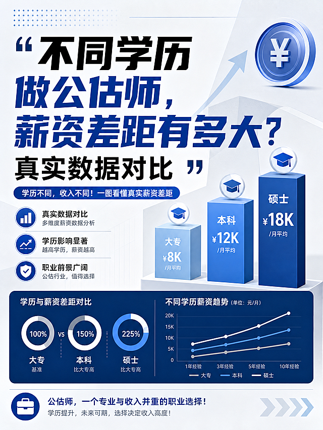 信息图表封面，标题是"不同学历做公估师，薪资差距有多大？真实数据对比"，现代简约商务风格，清晰的数据对比展示，职业薪资主题，搭配简约图表元素