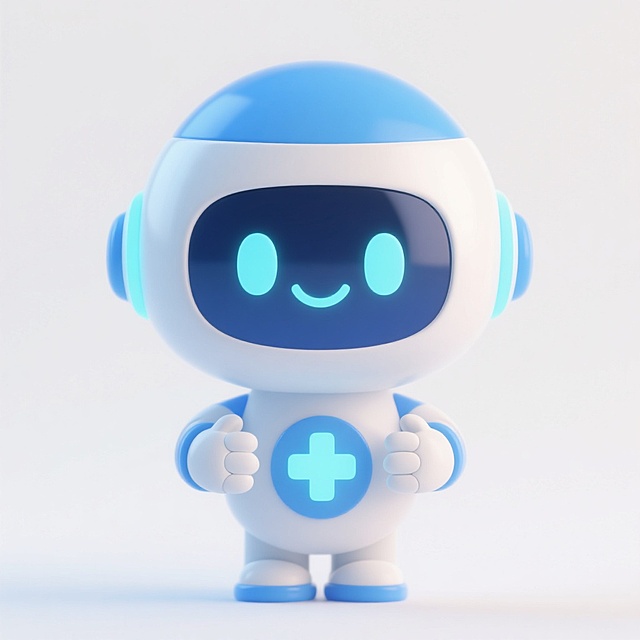 整体造型圆润亲和，以蓝色为主色调，胸前有十字医疗标志，充满温暖治愈感。