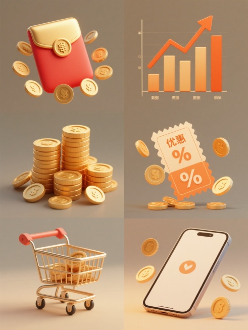 3D立体风格，金色渐变与橙色点缀，柔和顶光，轻微阴影，平滑数字艺术质感，简约构图，纯色背景。第一张：红包与金币组合，红包为传统样式，金色为主，点缀红色细节，金币环绕红包规整排布；第二张：数据图（柱状图或折线图，橙色箭头向上）与金币组合，数据图线条流畅，金币分布在图表周围；第三张：优惠券与金币组合，优惠券为矩形，带有折扣标识，金币在优惠券旁均匀排列；第四张：一堆金币，金币堆叠自然，有层次感，部分……预览效果