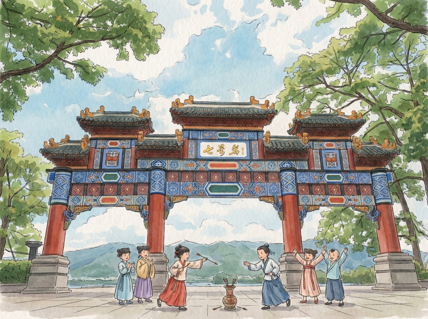 手绘风图画，穿着汉服的几个小朋友在肇庆市七星岩牌坊广场前玩投壶预览效果