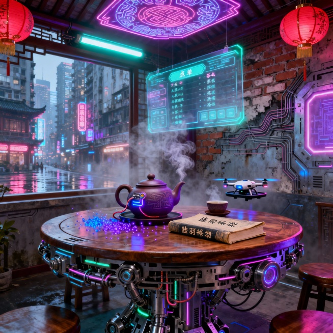 充满赛博朋克风格的中式饮茶场景，画面中心是一张传统圆形木桌，与金属机械结构融合，桌面上摆放着古风紫砂壶与茶杯，外壳有霓虹刻纹和微型能量管线，茶雾蒸腾伴随蓝紫色光粒子散落，桌面上还有一本古书《陆羽茶经》预览效果