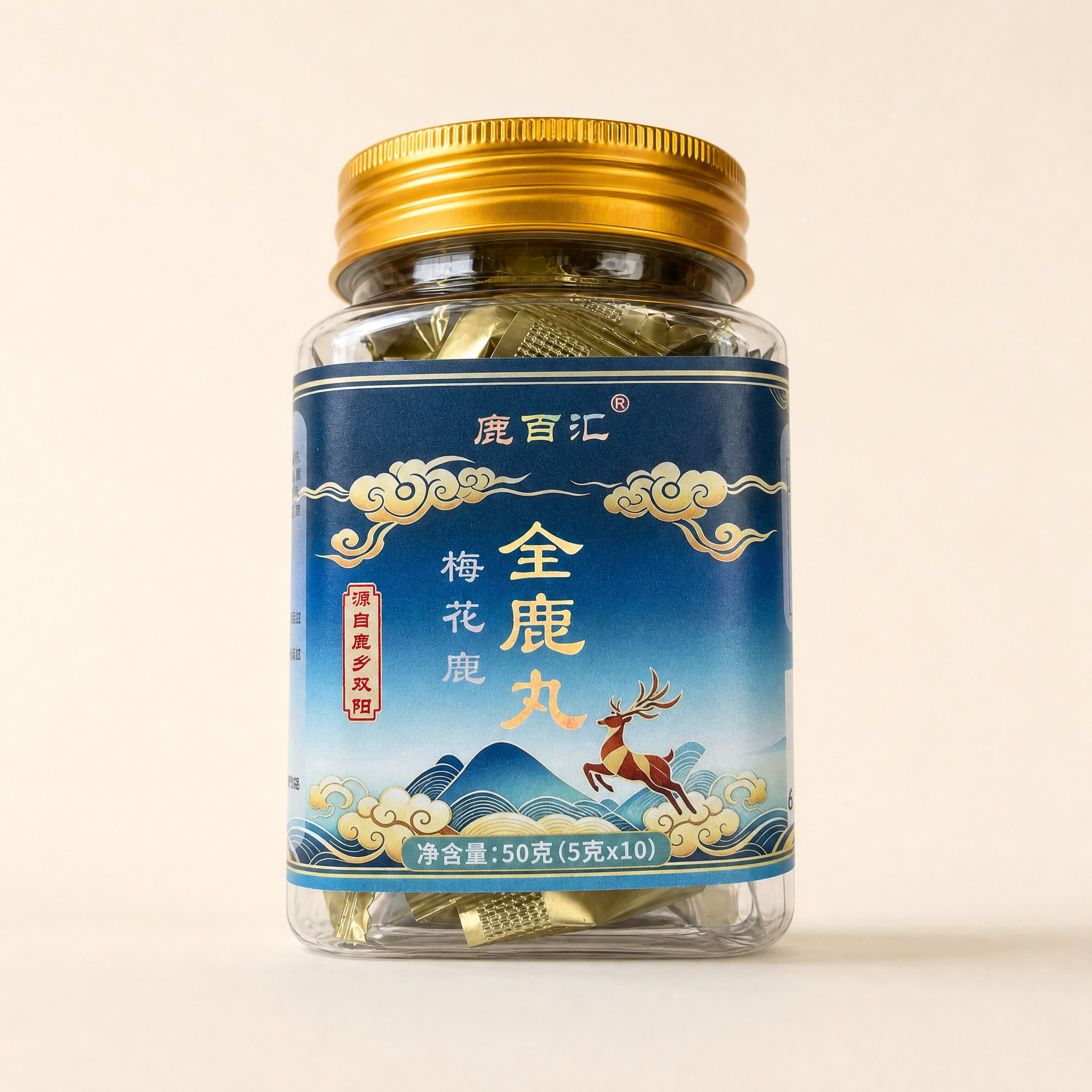 淘宝天猫电商主图，1:1正方形。画面主体为一瓶鹿百汇梅花鹿全鹿… - 图片创意预览