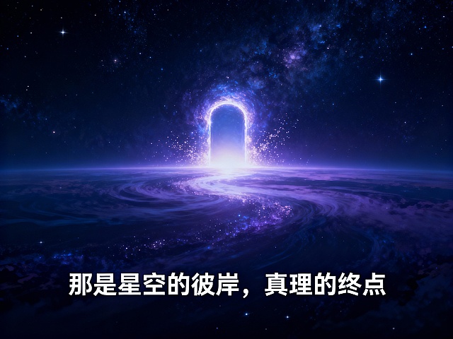 浩瀚深邃的宇宙星空，遥远的彼岸散发着柔和而神秘的光芒，光芒汇聚成一道通往真理终点的璀璨光门，星尘在周围缓缓流动，整体画面充满神圣感与未知的探索氛围，“那是星空的彼岸，真理的终点”