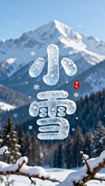 画面中央是冰霜圆润可爱字体形成“小雪” 二字，字体上可以有小小的雪花元素点缀。背景是冬日的雪山和树木森林，画面中有白雪冬日的树枝。立冬字旁红色小印章”节气“点缀，整体画面色彩明亮预览效果